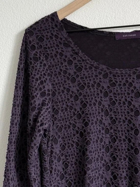 Cut Loose Purple Textured Holes Knit Asymmetrical Tunic Top Lagenlook Made USA M - Picture 3 of 8